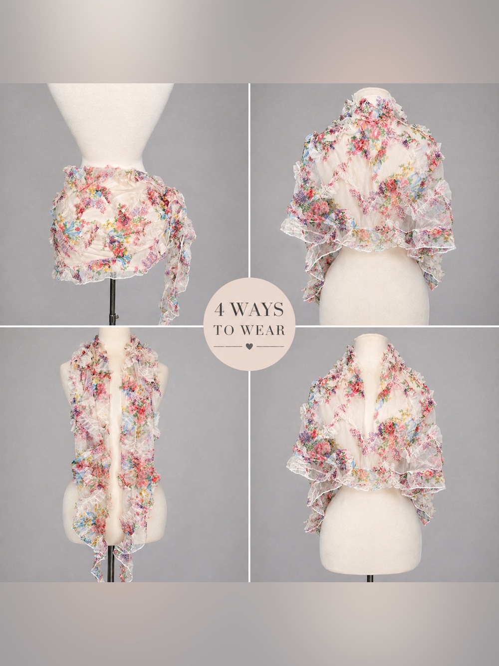 Sheer Floral Ruffle Scarf Lightweight Romantic Cottagecore Wrap Shawl